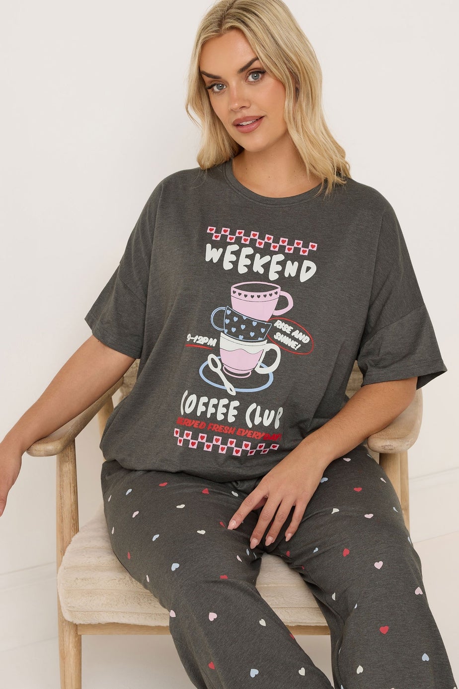 Yours Curve Brown 'Weekend Coffee Club' Wide Leg Pyjama Set