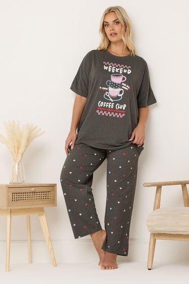 Yours Curve Brown 'Weekend Coffee Club' Wide Leg Pyjama Set