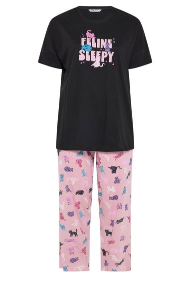 Yours Curve Black 'Feline Sleepy' Wide Leg Pyjama Set