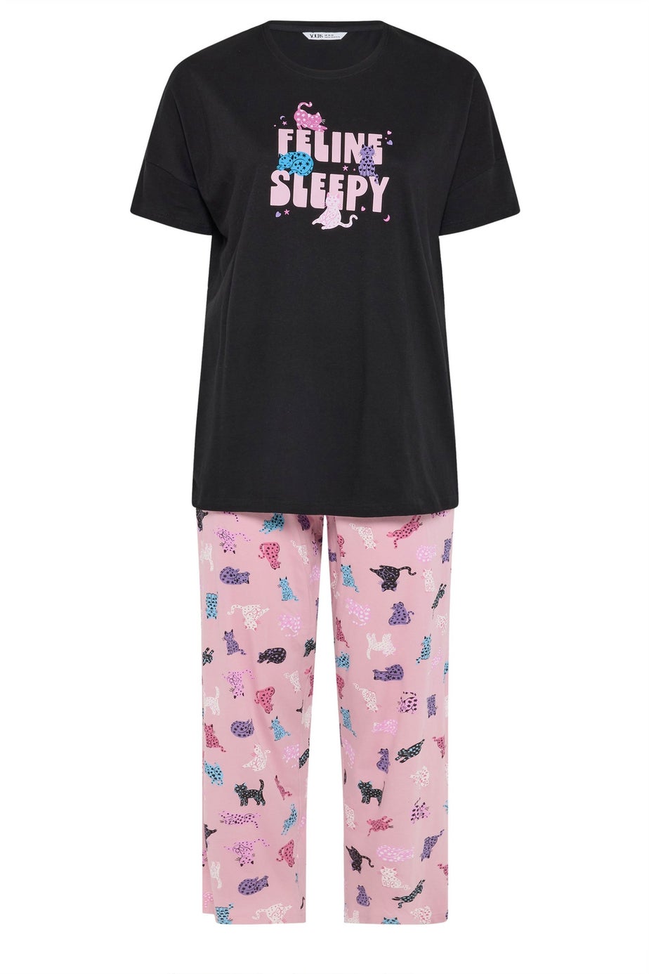 Yours Curve Black 'Feline Sleepy' Wide Leg Pyjama Set