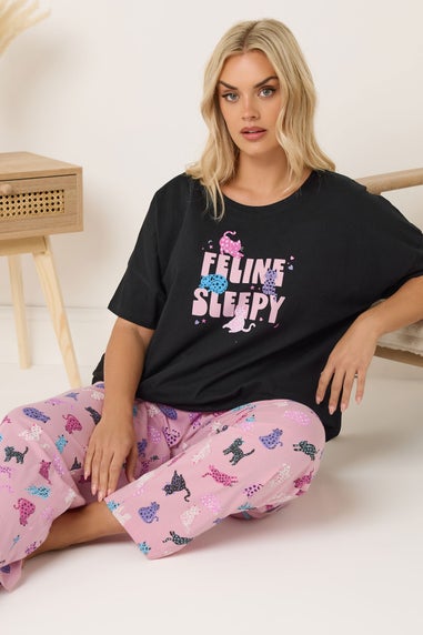 Yours Curve Black 'Feline Sleepy' Wide Leg Pyjama Set