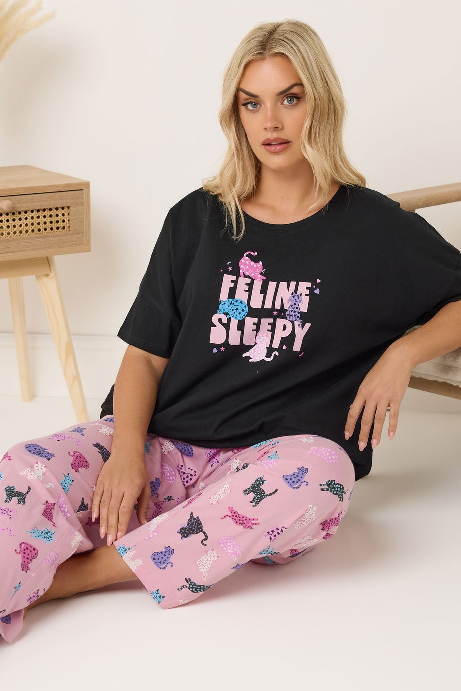 Yours Curve Black 'Feline Sleepy' Wide Leg Pyjama Set