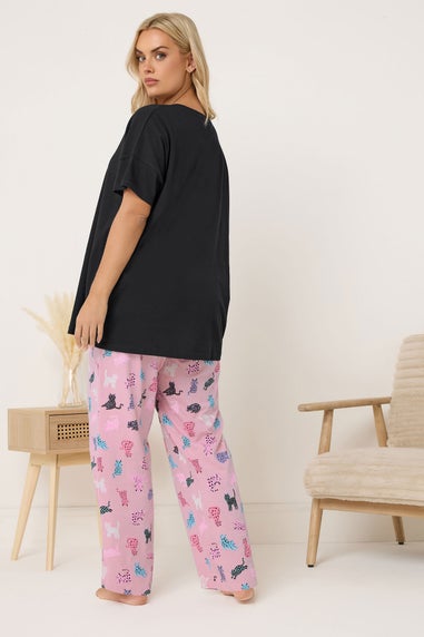 Yours Curve Black 'Feline Sleepy' Wide Leg Pyjama Set