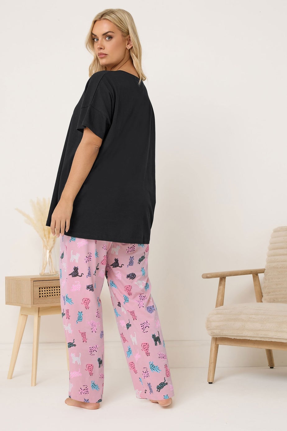 Yours Curve Black 'Feline Sleepy' Wide Leg Pyjama Set