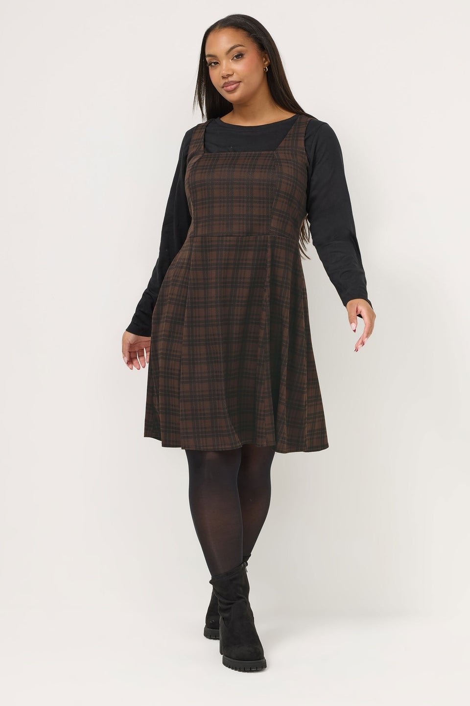 Yours Curve Chocolate Brown Check Pinafore Dress