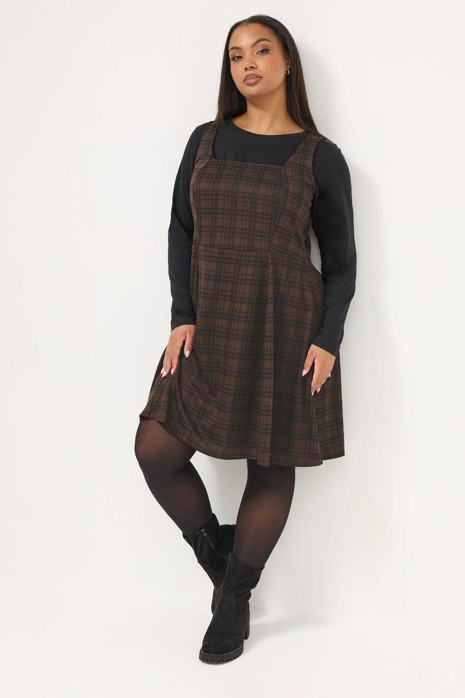 Yours Curve Chocolate Brown Check Pinafore Dress