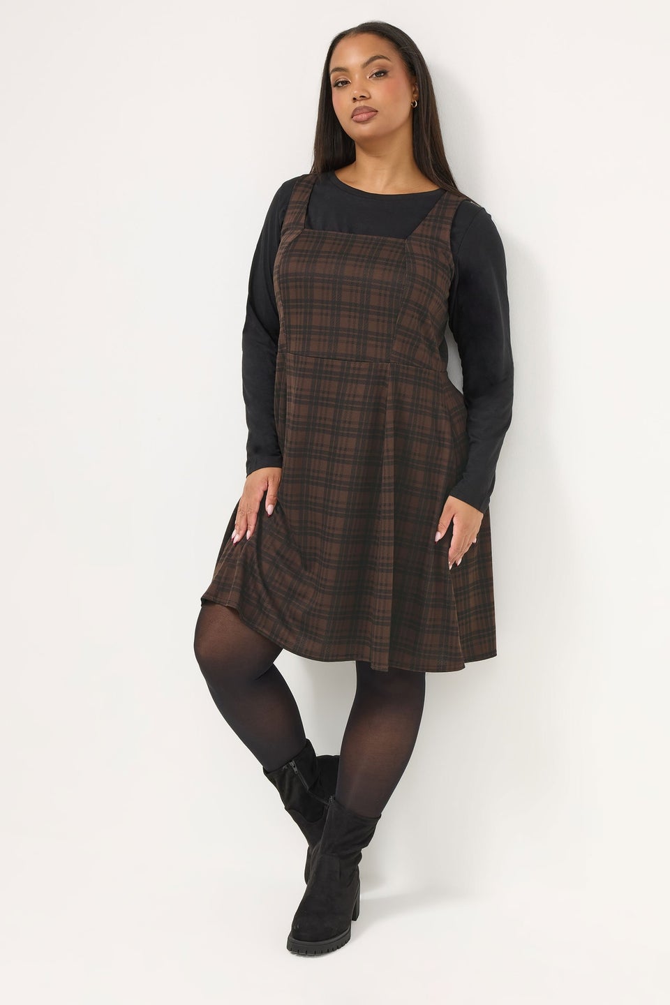 Yours Curve Chocolate Brown Check Pinafore Dress