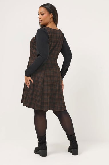 Yours Curve Chocolate Brown Check Pinafore Dress