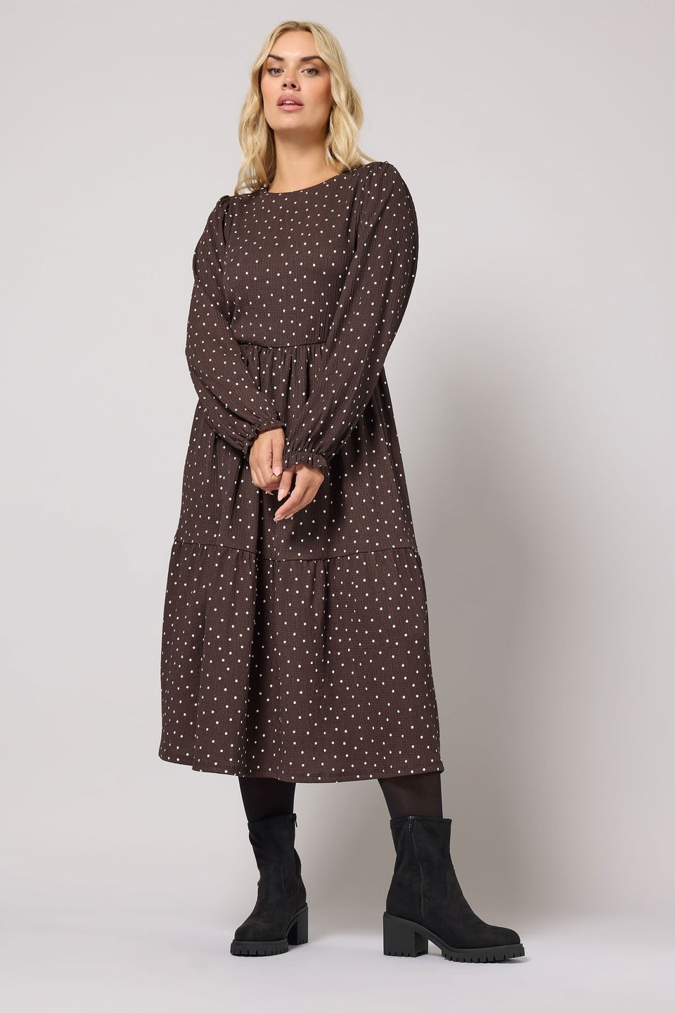 Yours Curve Chocolate Brown Polka Dot Textured Maxi Dress
