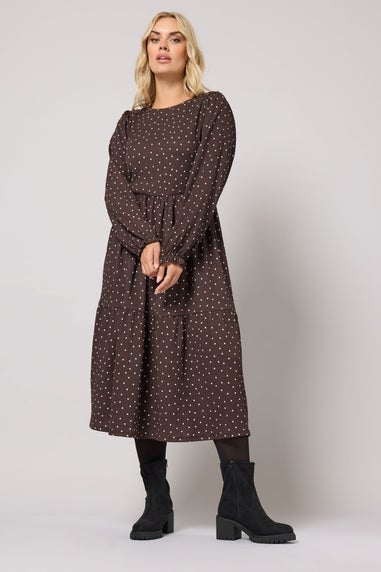 Yours Curve Chocolate Brown Polka Dot Textured Maxi Dress