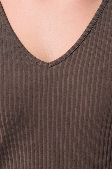 Yours Limited Curve Brown Ribbed V-Neck Top
