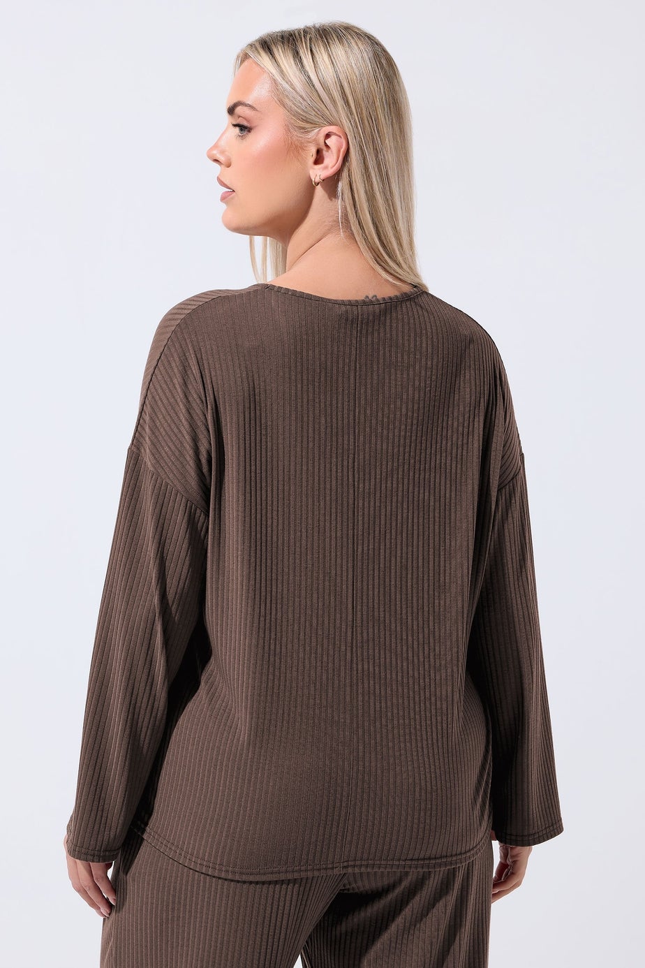 Yours Limited Curve Brown Ribbed V-Neck Top