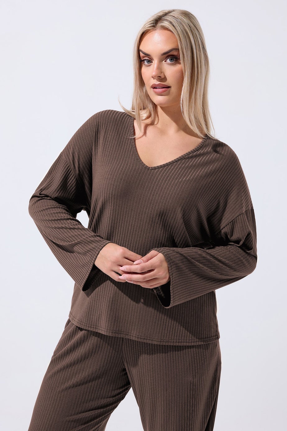 Yours Limited Curve Brown Ribbed V-Neck Top