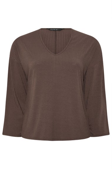 Yours Limited Curve Brown Ribbed V-Neck Top