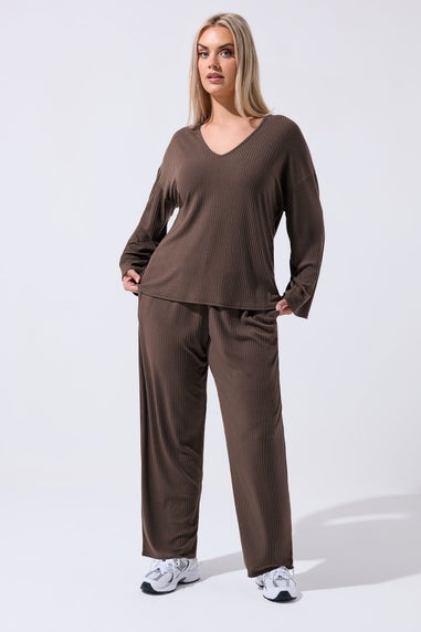 Yours Limited Curve Brown Ribbed V-Neck Top