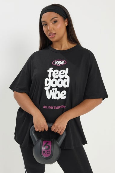 Yours Active Curve Black 'Feel Good Vibe' T-Shirt