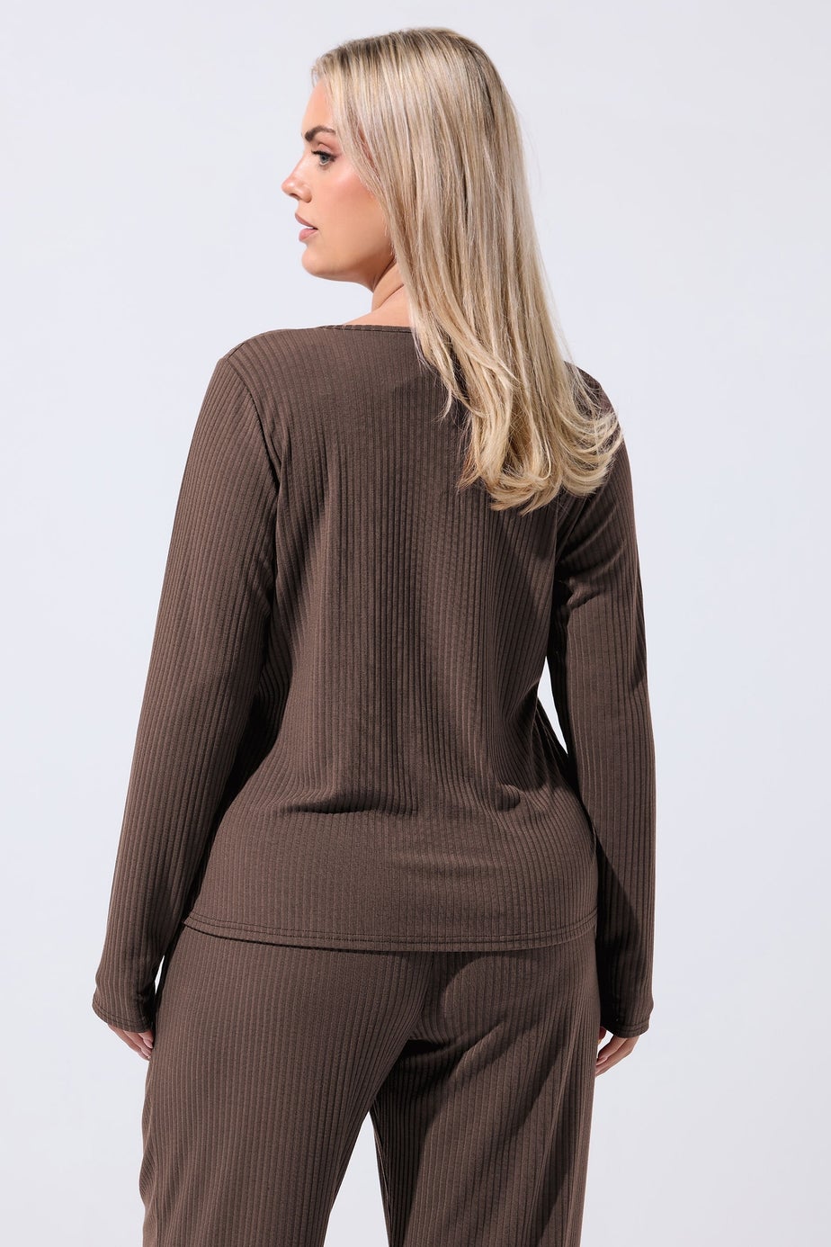 Yours Limited Curve Brown Ribbed Button Through Top