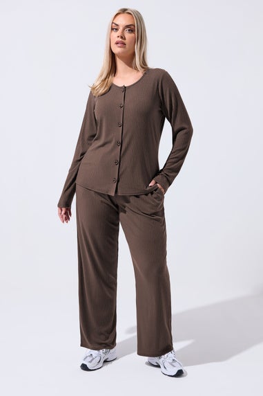 Yours Limited Curve Brown Ribbed Button Through Top