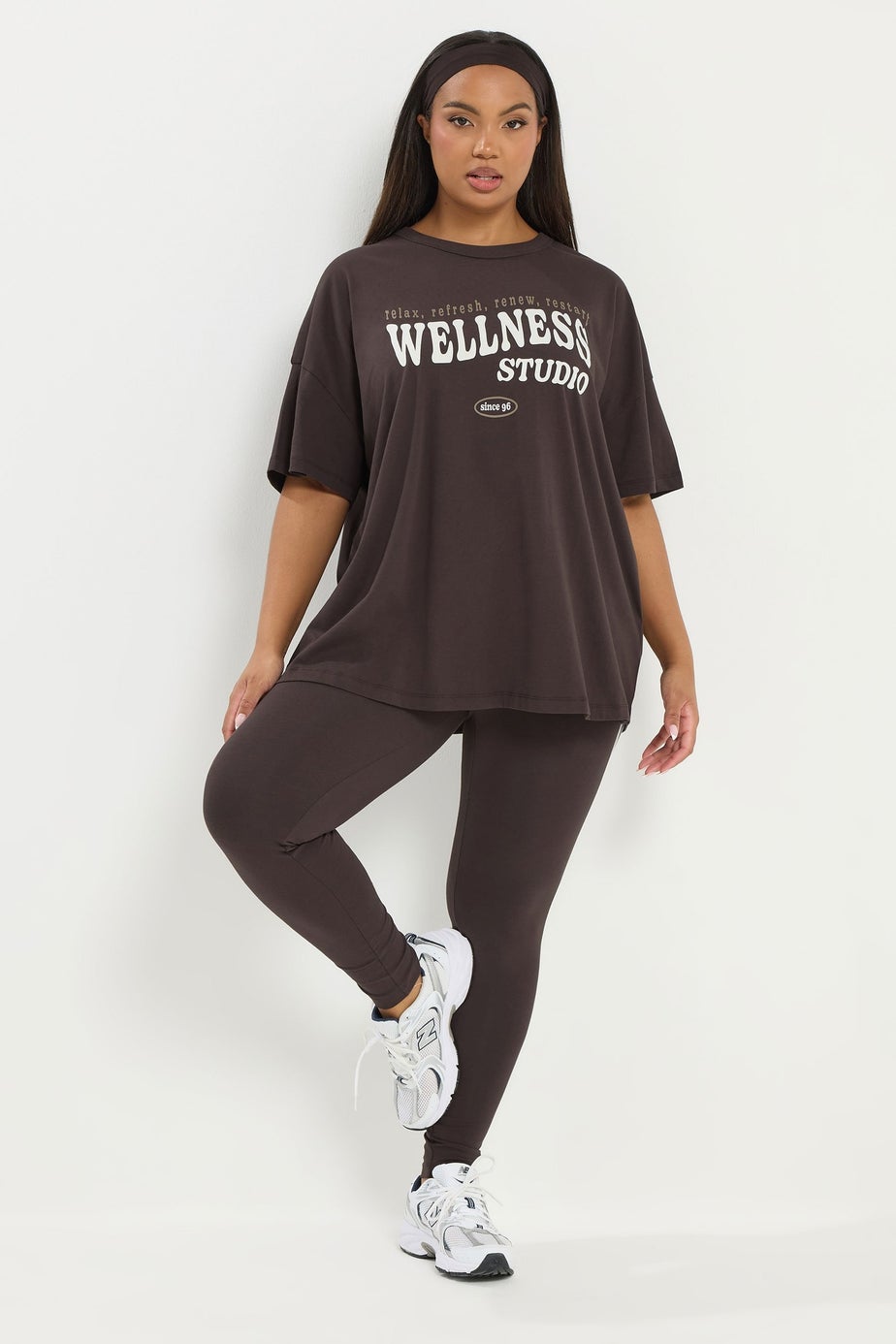 Yours Active Curve Chocolate Brown 'Wellness Studio' T-Shirt