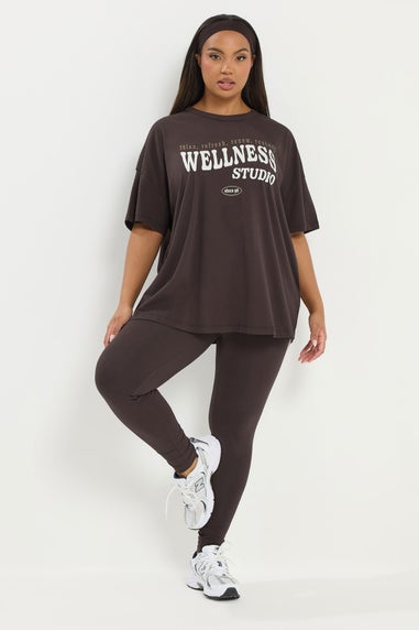 Yours Active Curve Chocolate Brown 'Wellness Studio' T-Shirt