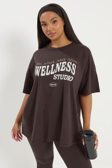 Yours Active Curve Chocolate Brown 'Wellness Studio' T-Shirt
