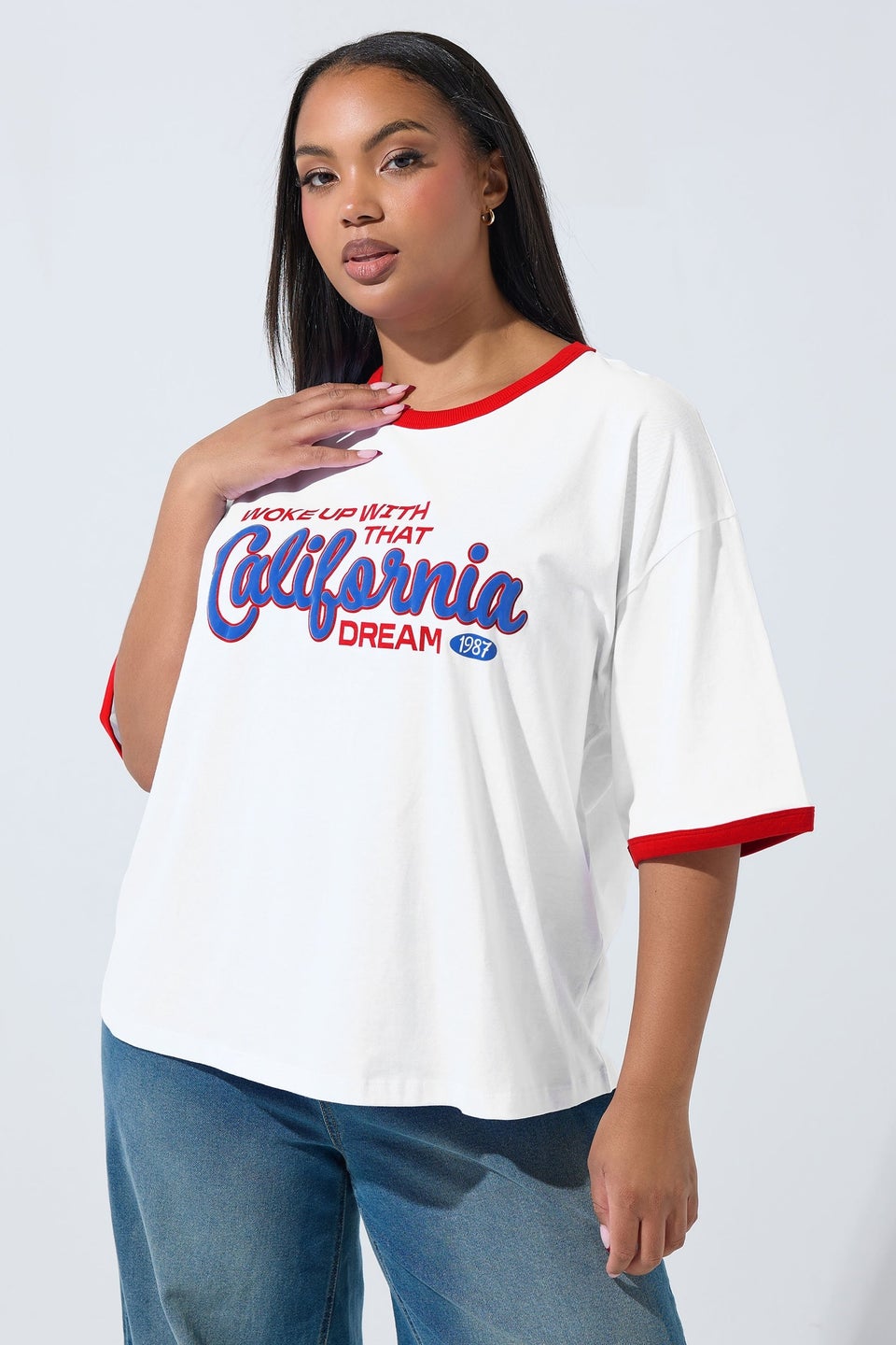 Yours Limited Curve White 'California' Varsity Ringer T-Shirt
