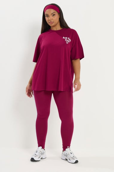 Yours Active Curve Burgundy Red 'Self Care Club' T-Shirt