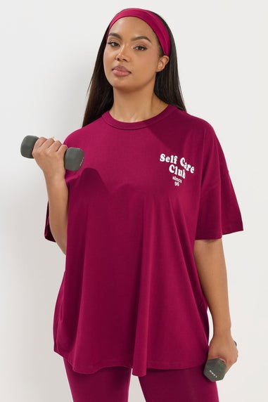 Yours Active Curve Burgundy Red 'Self Care Club' T-Shirt