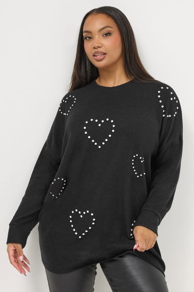 Yours Curve Black Diamante Heart Jumper