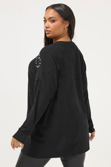 Yours Curve Black Diamante Heart Jumper