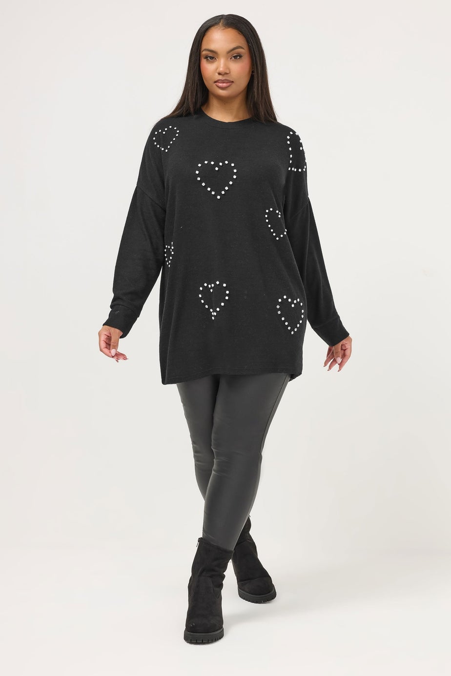 Yours Curve Black Diamante Heart Jumper