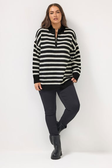 Yours Curve Black Scallop Stripe Quarter Zip Jumper