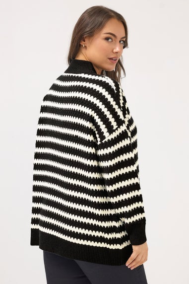 Yours Curve Black Scallop Stripe Quarter Zip Jumper