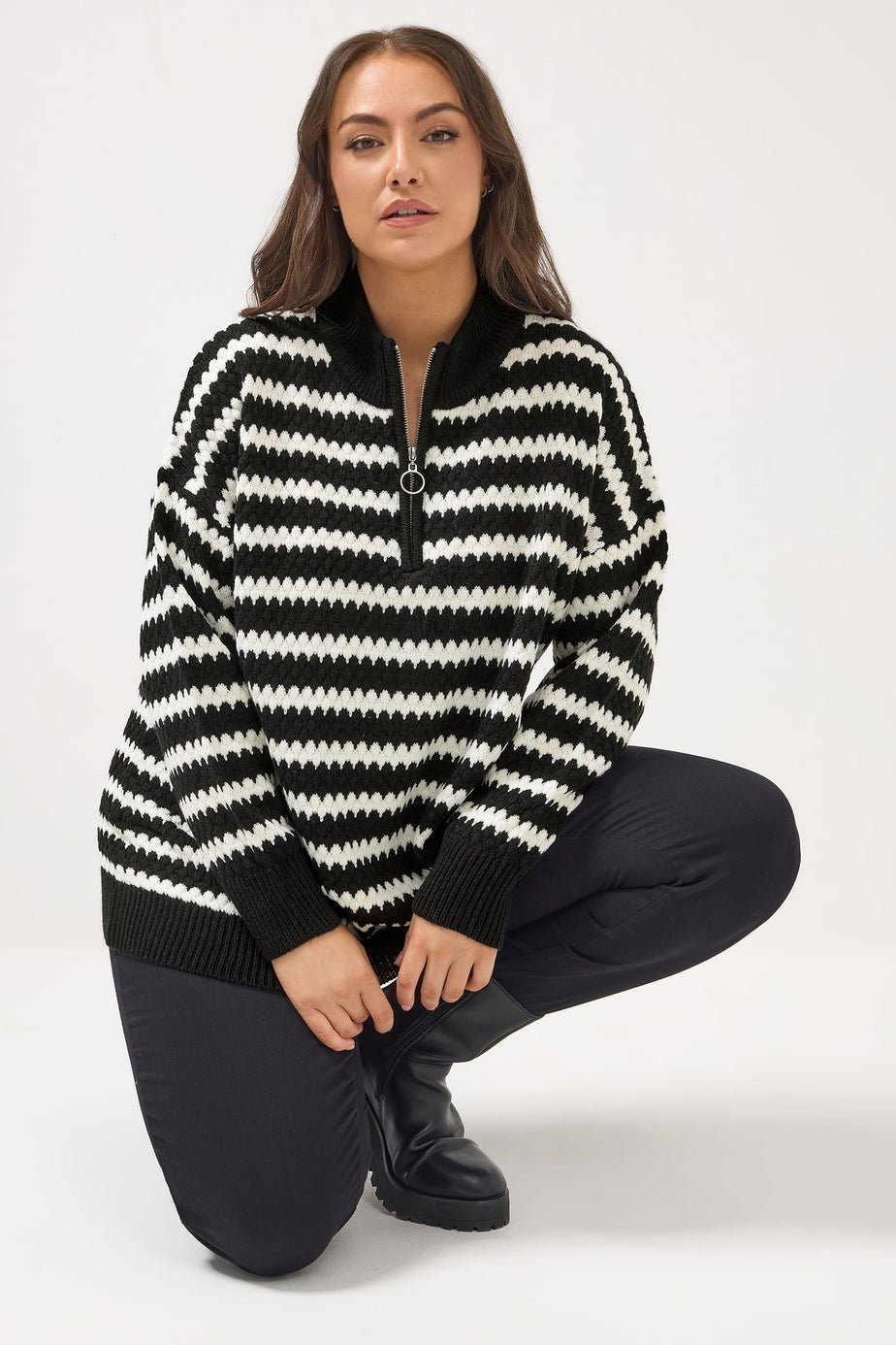 Yours Curve Black Scallop Stripe Quarter Zip Jumper