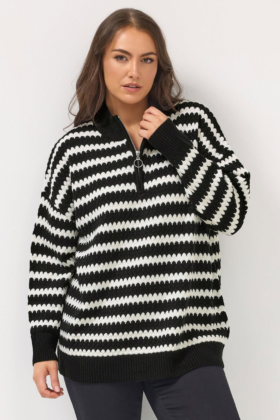 Yours Curve Black Scallop Stripe Quarter Zip Jumper