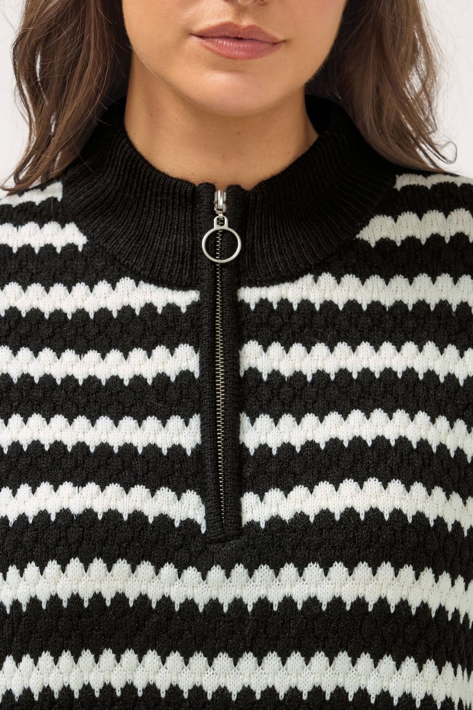 Yours Curve Black Scallop Stripe Quarter Zip Jumper