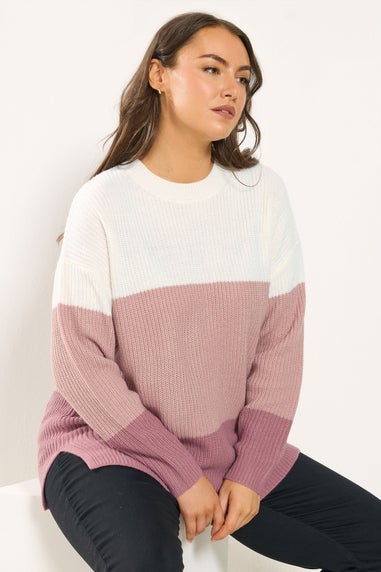 Yours Curve Pink & Cream Colourblock Stripe Jumper
