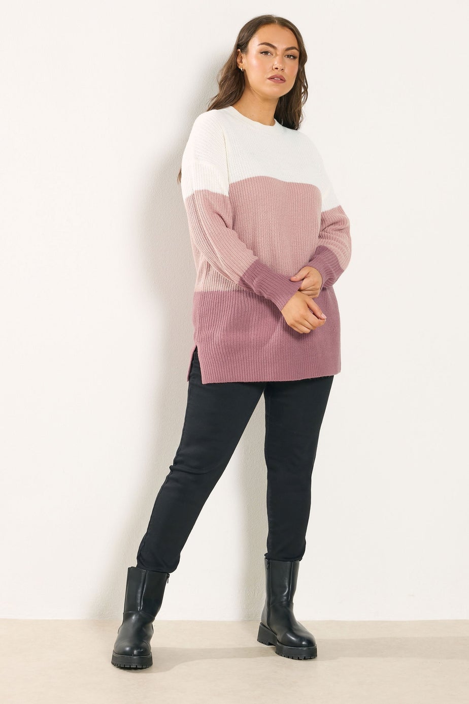 Yours Curve Pink & Cream Colourblock Stripe Jumper