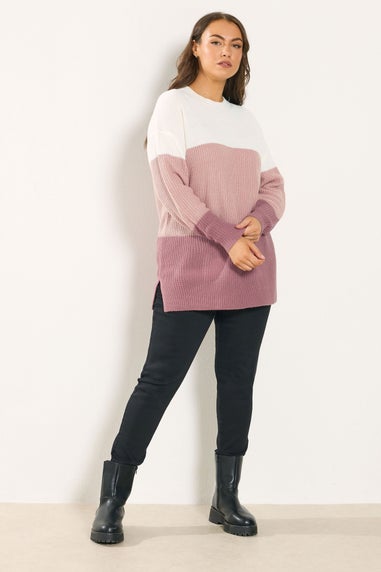 Yours Curve Pink & Cream Colourblock Stripe Jumper