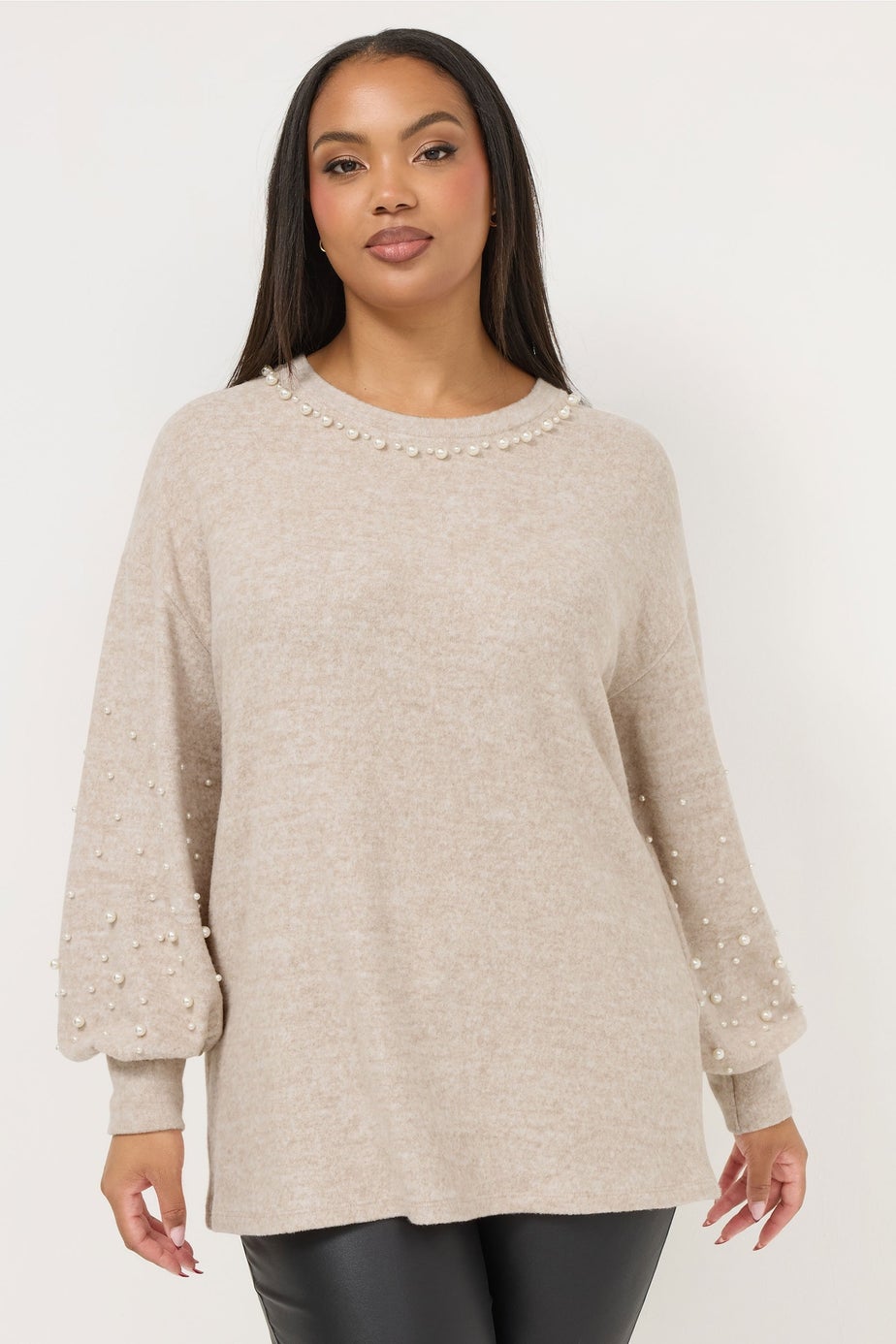 Yours Curve Natural Brown Pearl Embellished Jumper
