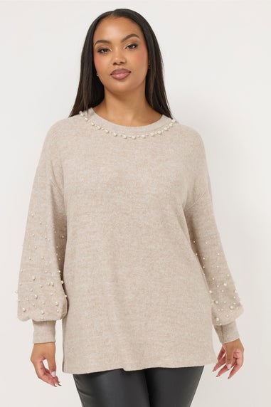 Yours Curve Natural Brown Pearl Embellished Jumper
