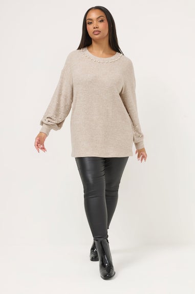 Yours Curve Natural Brown Pearl Embellished Jumper