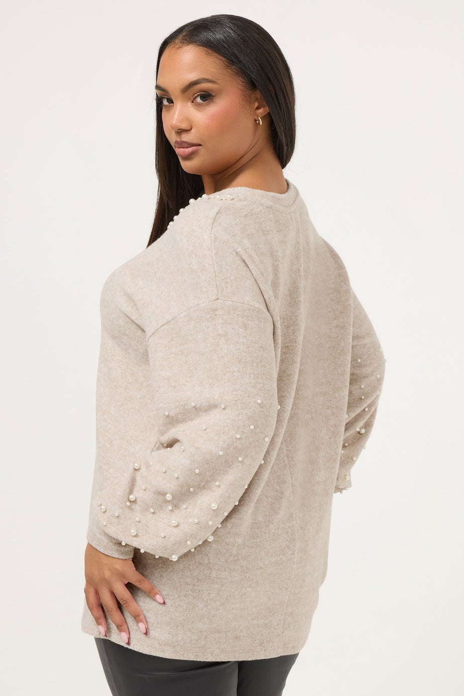 Yours Curve Natural Brown Pearl Embellished Jumper