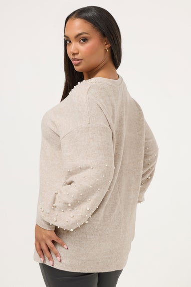Yours Curve Natural Brown Pearl Embellished Jumper