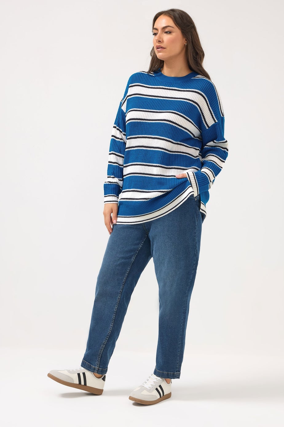 Yours Curve Blue Stripe Knitted Jumper