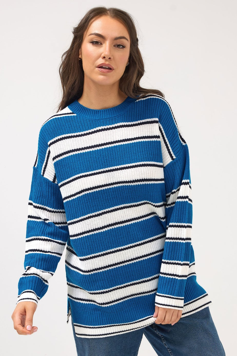 Yours Curve Blue Stripe Knitted Jumper