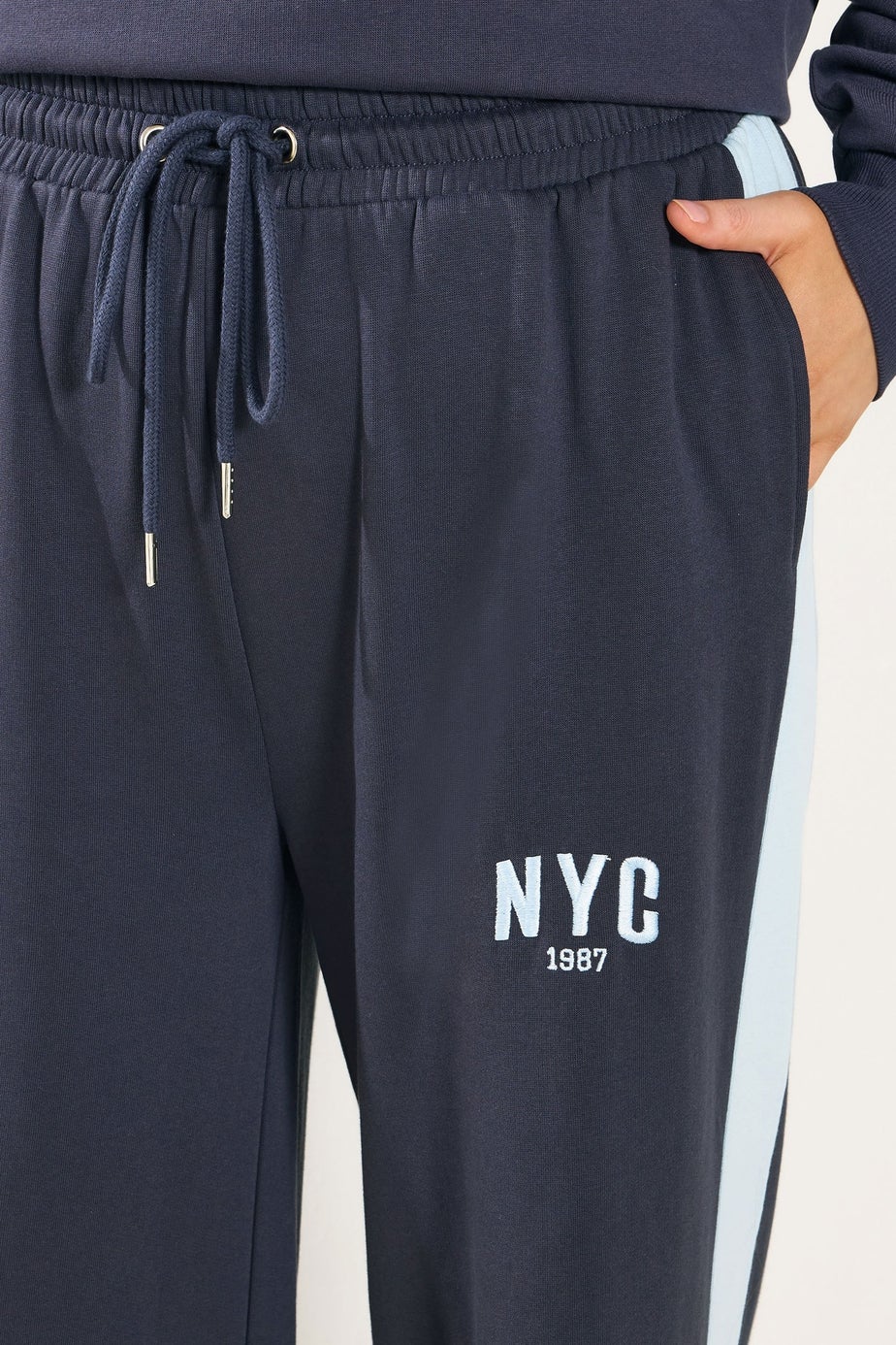 Yours Curve Navy Blue 'NYC' Side Stripe Wide Leg Joggers