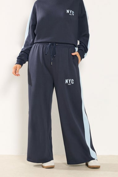 Yours Curve Navy Blue 'NYC' Side Stripe Wide Leg Joggers