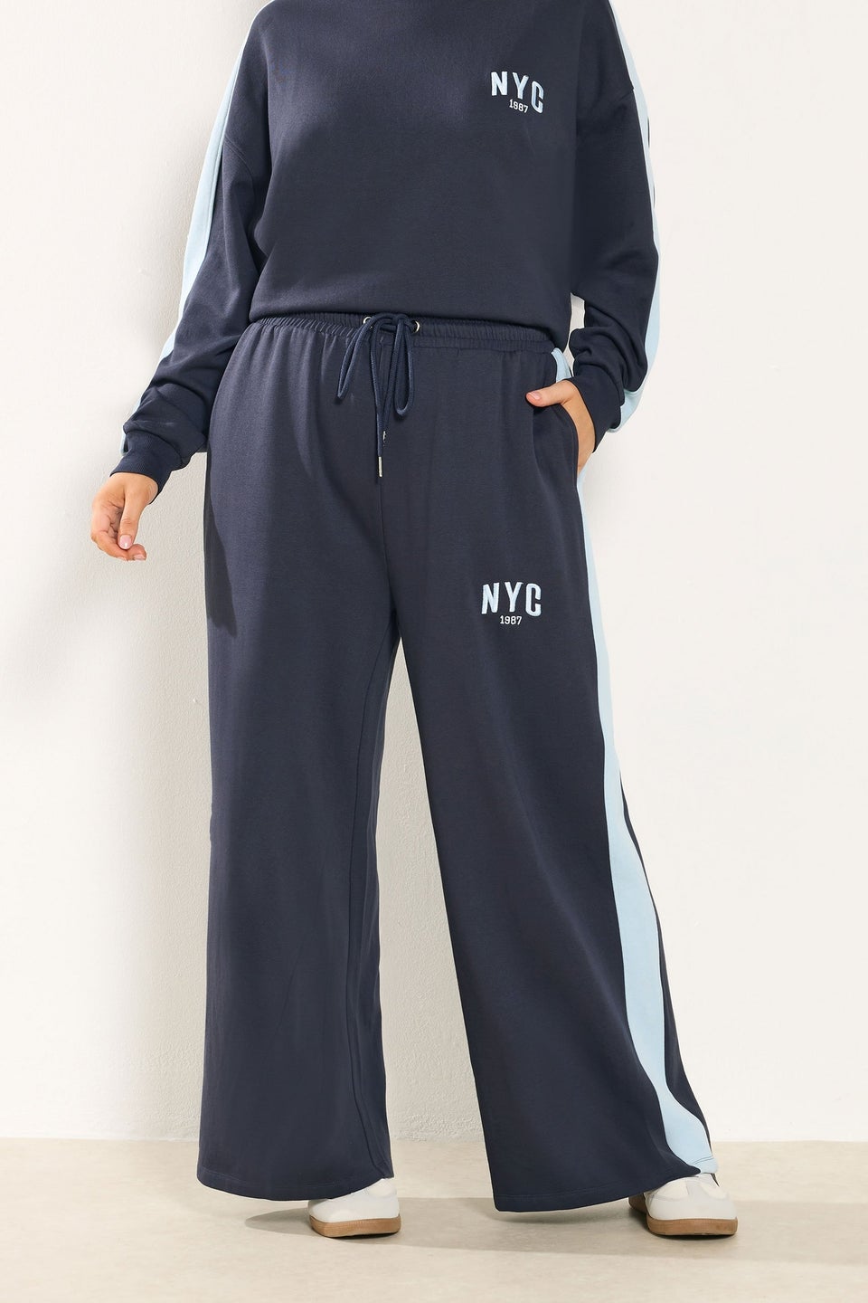 Yours Curve Navy Blue 'NYC' Side Stripe Wide Leg Joggers