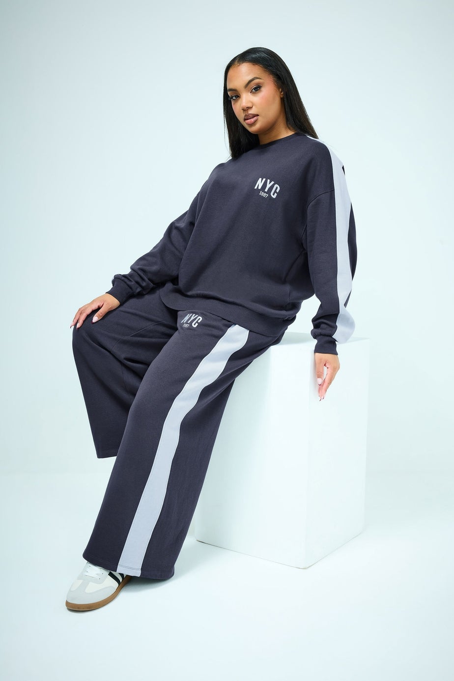 Yours Curve Navy Blue 'NYC' Side Stripe Wide Leg Joggers